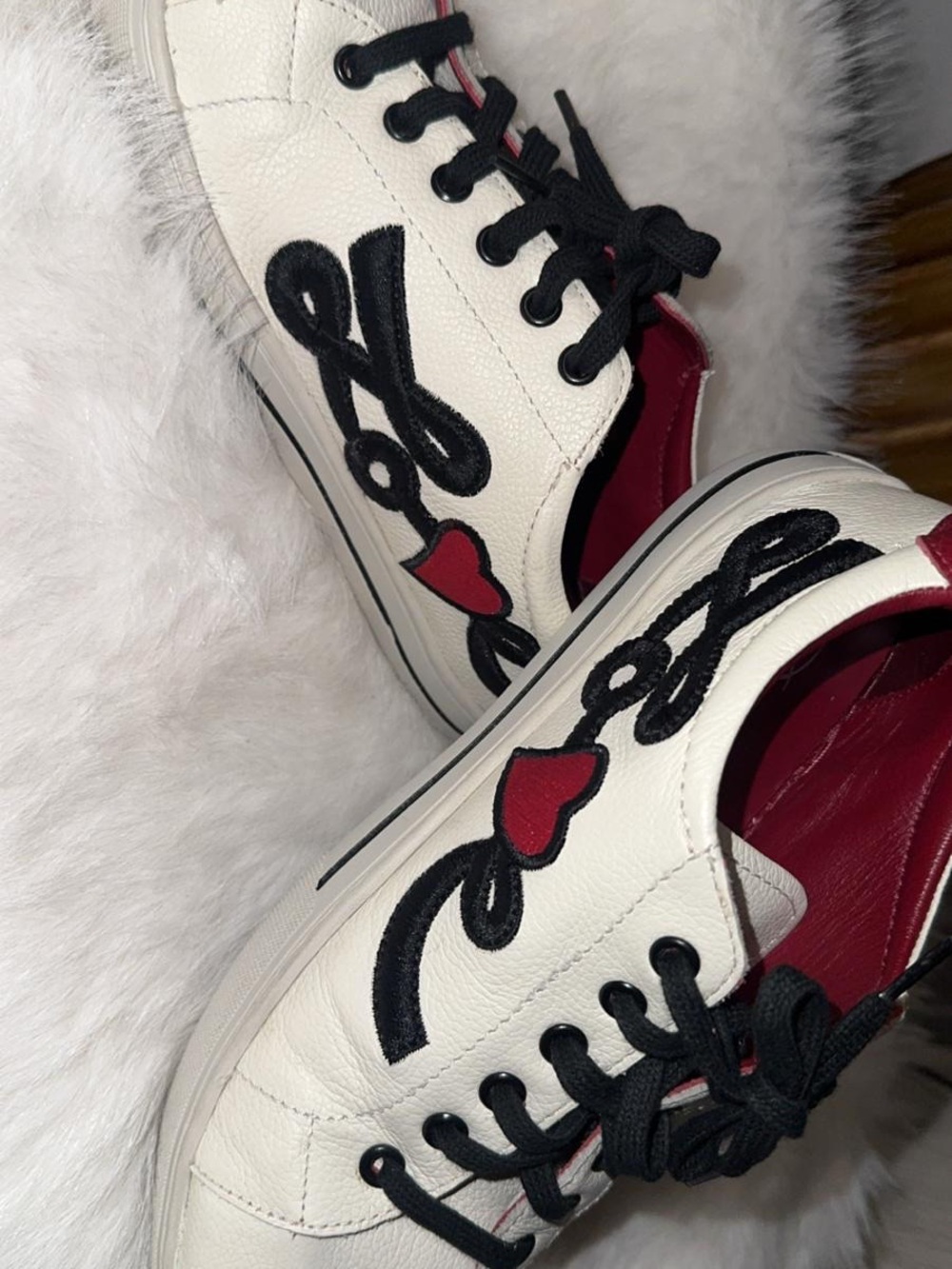 Brighton White Leather Sneakers with Black Script and Red Heart Accents